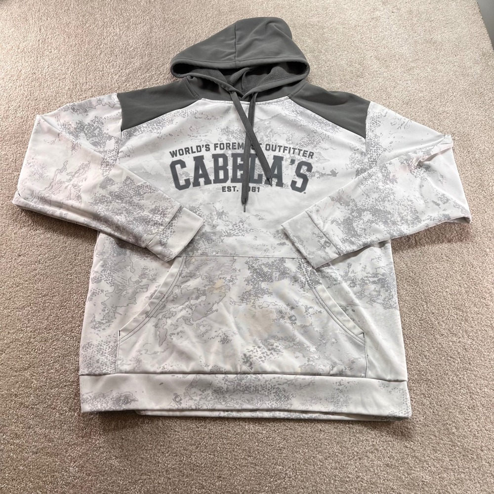 Cabelas Performance Hoodie Mens Large Gray‎ Snow Camo Graphic Pullover Fleece
